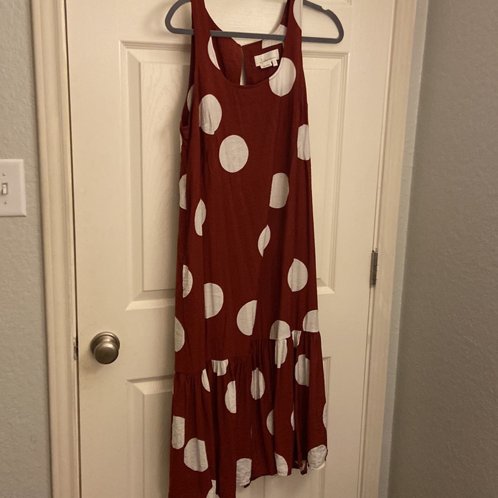 ANTHROPOLOGIE Michaela Flounced Polka Dot Terra Cotta Midi Dress Summer M - Picture 3 of 9
